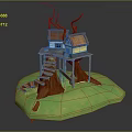Whimsical Treehouse Scene With Wooden Staircase Elevated Platform Small Huts And Branch Supports