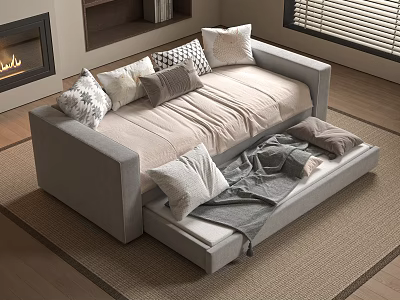 Modern Sofa Bed with Storage Pillows and Fireplace in Living Room 3d model