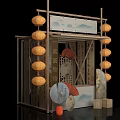 Traditional Chinese Photo Check-in Spot With Hanging Lanterns Wooden Frame Landscape Screen And Paper Fans
