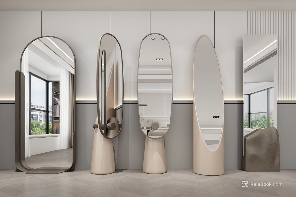 Modern Decorative Mirrors With Unique Shapes And Stylish Stands In Bright Interior 3d model 