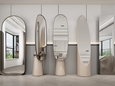 Modern Decorative Mirrors With Unique Shapes And Stylish Stands In Bright Interior 3d model