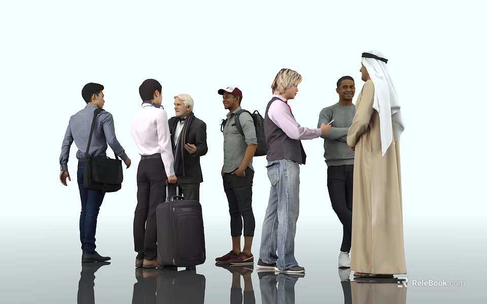 Group of Men Standing with Suitcases and Backpacks Having Conversation Together 3d model 