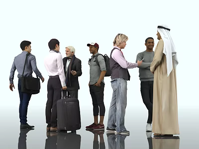 Group of Men Standing with Suitcases and Backpacks Having Conversation Together 3d model