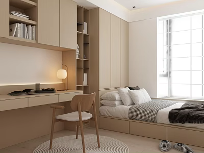 Minimalist Tatami Bedroom With Tatami Bed Built in Storage Cabinets Desk And Large Window 3d model