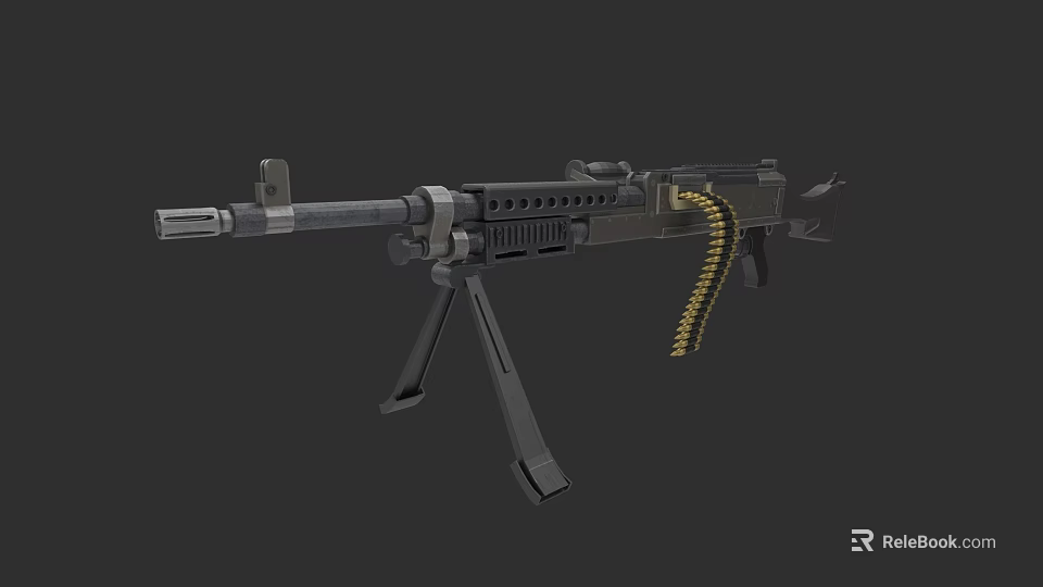 High Quality Military Machine Gun With Tripod Stand And Ammunition Belt 3d model 