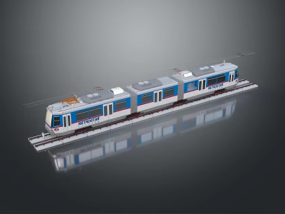Modern Blue And White Train Model On Tracks With Reflective Surface 3d model
