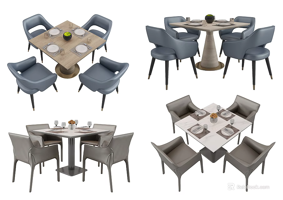Various Dining Table And Chair Sets With Gray Chairs Light Wood Tabletop And Tableware 3d model