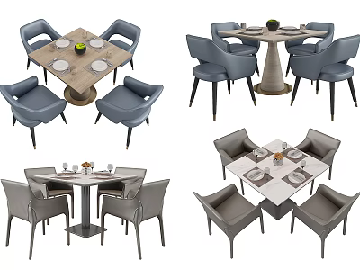 Various Dining Table And Chair Sets With Gray Chairs Light Wood Tabletop And Tableware 3d model