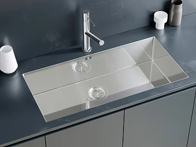 Stainless Steel Double Bowl Kitchen Sink with Faucet on Gray Countertop 3d model