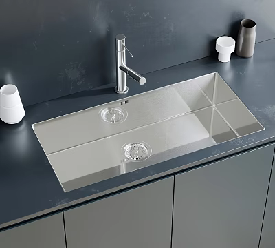 Stainless Steel Double Bowl Kitchen Sink with Faucet on Gray Countertop 3d model