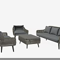 Modern Rattan Sofa and Coffee Table Set with Gray Cushions and Armchairs