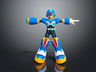Blue Armored Video Game Character Posing With Helmet Yellow Boots And Outstretched Arms 3d model