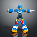 Blue Armored Video Game Character Posing With Helmet Yellow Boots And Outstretched Arms