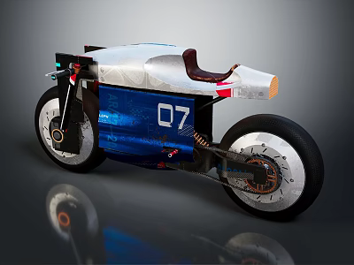 Blue and White Motorcycle with 07 Number and Brown Seat in Modern Design 3d model