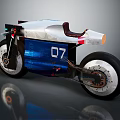 Blue and White Motorcycle with 07 Number and Brown Seat in Modern Design