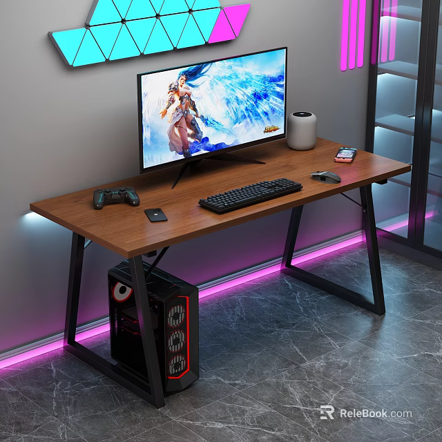 Gaming Desk Setup With Monitor Game Controller Keyboard Mouse PC Case And LED Lights 3d model 