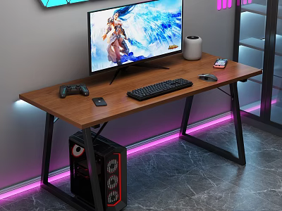 Gaming Desk Setup With Monitor Game Controller Keyboard Mouse PC Case And LED Lights 3d model