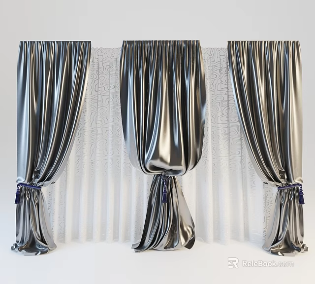 Shiny Silver Curtains With Dark Ribbon Ties On White Vertical Striped Background 3d model 