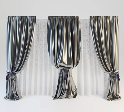 Shiny Silver Curtains With Dark Ribbon Ties On White Vertical Striped Background 3d model