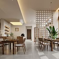 Minimalist Dining Room With Wooden Furniture Pendant Lights And Plants