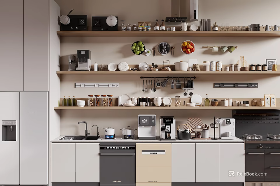 Modern Kitchen Interior Design Featuring White Cabinets Wooden Shelves And Appliances 3d model 
