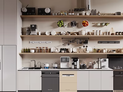 Modern Kitchen Interior Design Featuring White Cabinets Wooden Shelves And Appliances 3d model