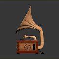 Vintage Gramophone With Brass Horn Wooden Base Vinyl Record And Decorative Details