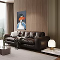 Brown Leather Two-Seater Sofa with Pillows Glass Coffee Table and Wooden Striped Wall Painting