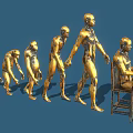 Human Evolution Stages Depicted As Golden Statues From Ape To Laptop User