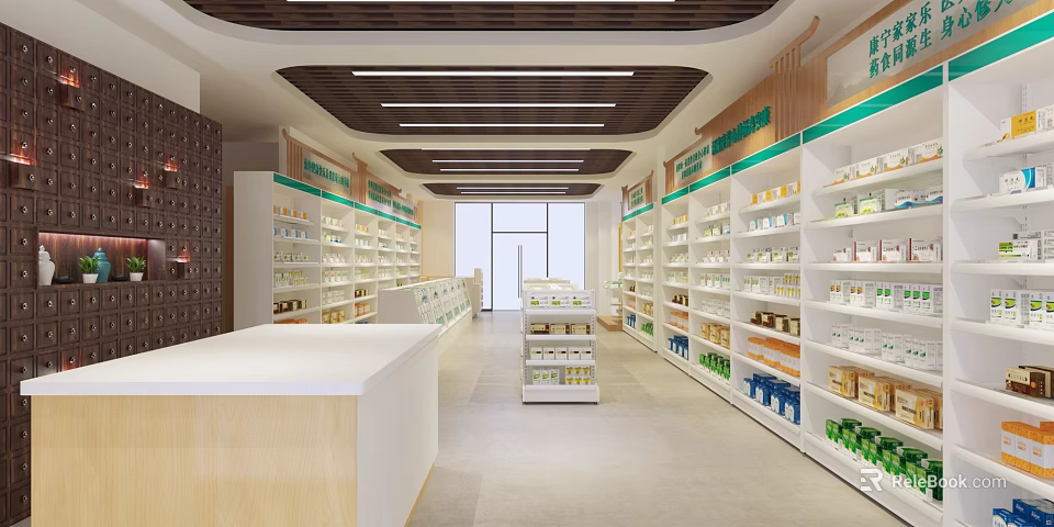 Modern Pharmacy Store Interior With Shelves Displaying Medicines And Service Counter 3d model 