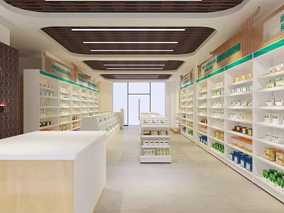 Modern Pharmacy Store Interior With Shelves Displaying Medicines And Service Counter 3d model