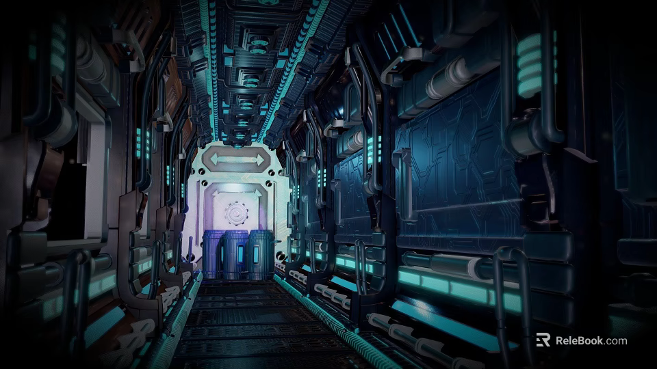 Game Character Exploring Futuristic Sci Fi Spaceship Corridor With Blue Lighting And Metal Structures 3d model 