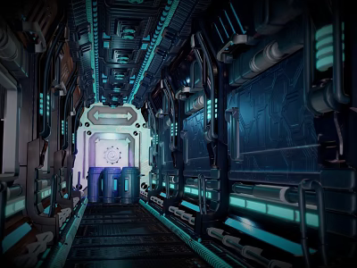 Game Character Exploring Futuristic Sci Fi Spaceship Corridor With Blue Lighting And Metal Structures 3d model