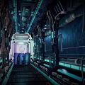 Game Character Exploring Futuristic Sci Fi Spaceship Corridor With Blue Lighting And Metal Structures