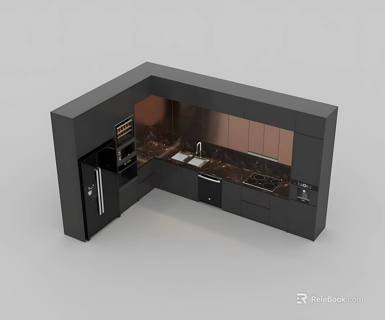 Stylish Modern Kitchen Featuring Black Cabinets Brown Panels Marble Countertop And Premium Appliances 3d model 