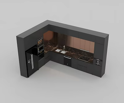 Stylish Modern Kitchen Featuring Black Cabinets Brown Panels Marble Countertop And Premium Appliances 3d model