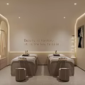 Elegant Modern Beauty Hair Salon Interior With Stylish Chandeliers Reception Desk Product Shelves And Green Plants