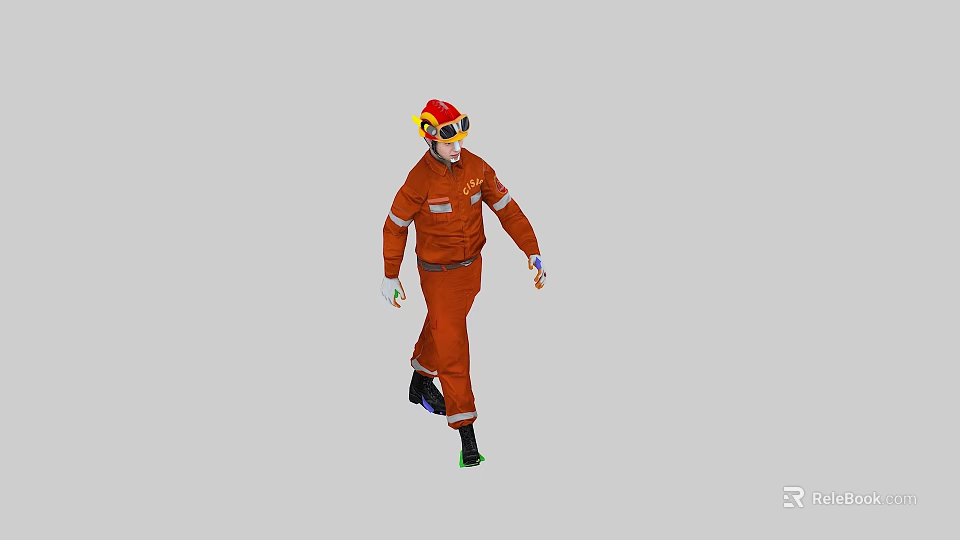 Man in orange work uniform with red safety helmet and goggles walking in workplace 3d model 