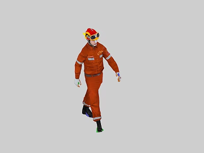 Man in orange work uniform with red safety helmet and goggles walking in workplace 3d model