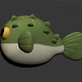 Cartoon Style Green Pufferfish Character With Big Yellow Eyes Spikes White Belly and Green Fins