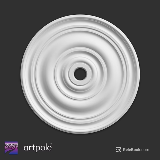 White Circular Plaster Ceiling Medallion With Concentric Circles And Central Hole 3d model 