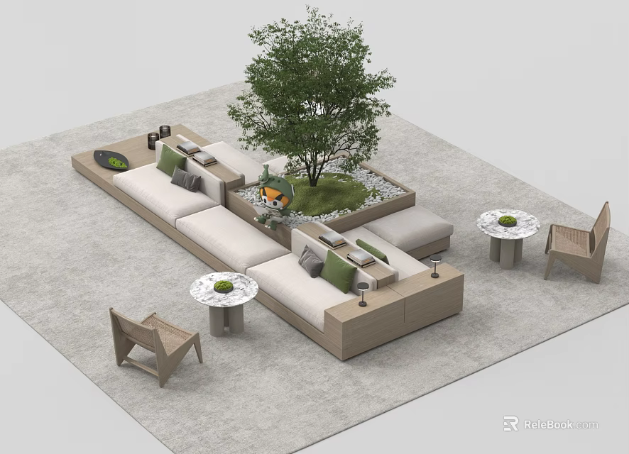 Modern Sofa Set With Green Cushions Side Coffee Tables And Decorative Plants 3d model 