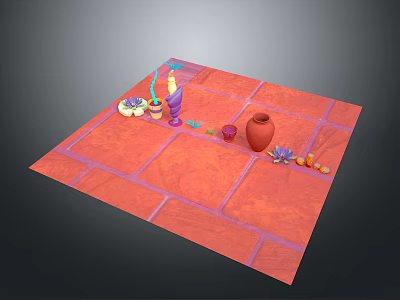 Colorful Sculptural Carvings Display On Red Tiled Floor With Vases And Decorative Items 3d model