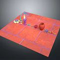 Colorful Sculptural Carvings Display On Red Tiled Floor With Vases And Decorative Items