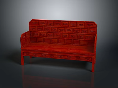 Red Traditional Public Bench With Solid Wooden Frame And Intricate Carved Patterns 3d model