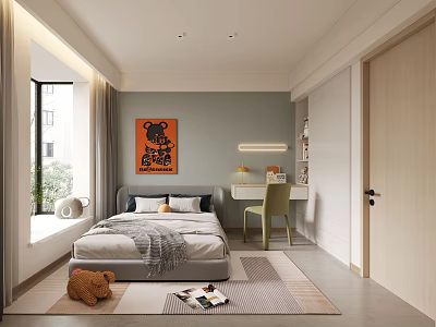 Modern Kids Room Interior Design With Bed Desk Green Chair Orange Wall Art And Rug 3d model
