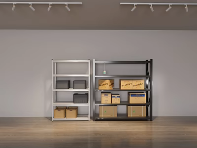 Supermarket Department Store Silver and Black Shelving Units with Labeled Cardboard Boxes Retail Storage Solution 3d model