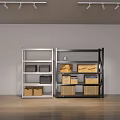 Supermarket Department Store Silver and Black Shelving Units with Labeled Cardboard Boxes Retail Storage Solution