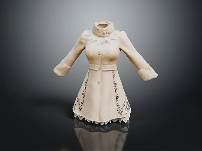 Elegant Women's Beige Coat With High Collar Lace Details And Ruffled Hem 3d model