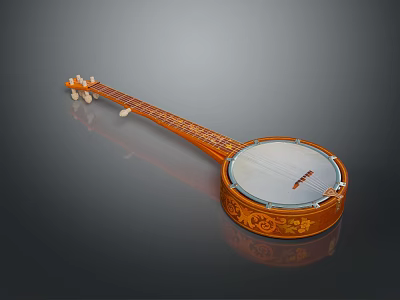 Handmade Wooden Banjo with Carved Neck Tuning Pegs and Round Drum Head 3d model